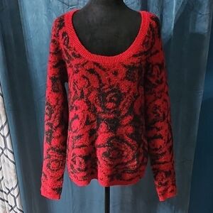 White House Black Market Red and Black Floral Sweater